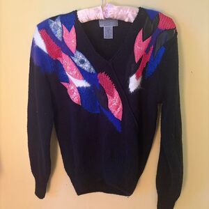 Vtg. 80s Lauren Cole Petites Womens Sweater Black Size S